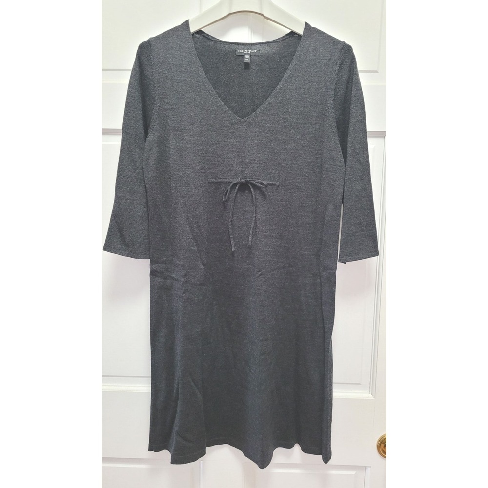 Eileen Fisher Women's‎ 100% Merino Wool V-Neck 3/4 Sleeves Dress - Charcoal - PM